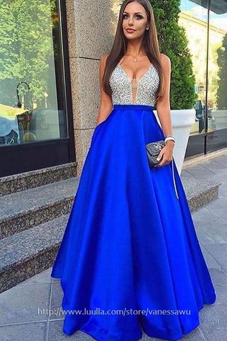 New Style Royal Blue Long Prom Dresses,A-line V-neck Formal Party Dresses,Satin Pageant Evening Dresses with Beading,#020102600