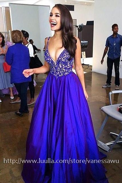 Long Prom Dresses,A-line V-neck Formal Evening Dresses,Sweep Train Satin Pageant Dresses with Beading,#020102608