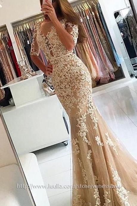 Cheap Prom Dresses,Trumpet/Mermaid Scoop Neck Long Prom Dresses,Sweep Train Tulle Formal Evening Dresses with Appliques Lace Sashes,#020102800