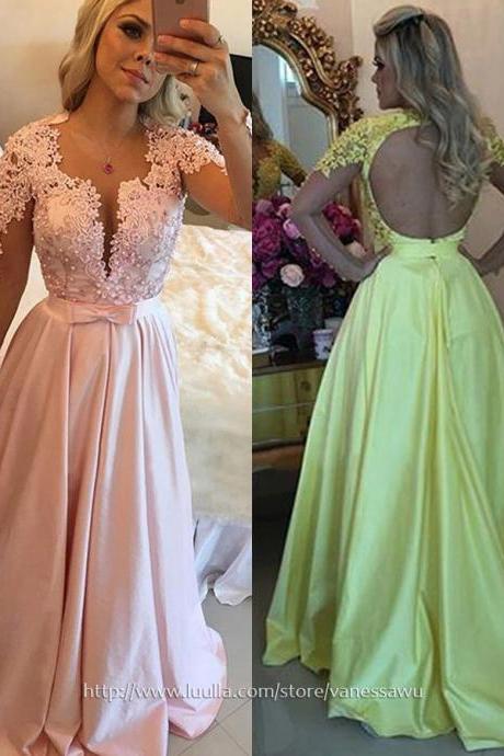 Long Prom Dresses,A-line Scoop Neck Formal Dresses,Sweep Train Silk-like Satin Evening Dresses with Appliques Lace Sashes,#020102805