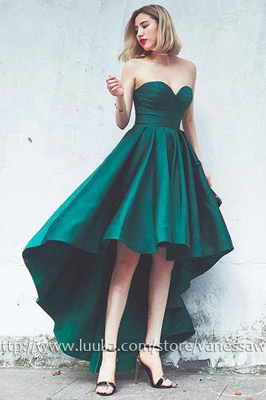 High Low Prom Dresses,Green Asymmetrical Formal Dresses,A-line Sweetheart Satin Party Dresses with Ruffle,#020103201