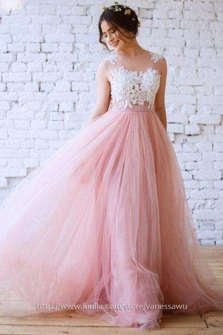 Cheap Prom Dresses,Princess Scoop Neck Long Prom Dresses,Beautiful Tulle Formal Evening Dresses with Appliques Lace Sashes,#020103231