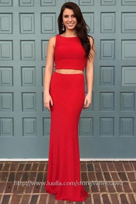 Two Piece Prom Dresses,Red Trumpet/Mermaid Long Formal Dresses,Scoop Neck Sweep Train Silk-like Satin Evening Dresses with Ruffle,#020103300