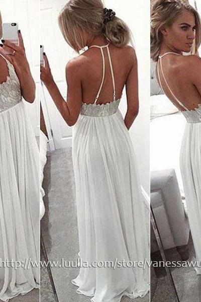 Cheap Prom Dresses,A-line V-neck Long Formal Dresses,White Chiffon Evening Dresses with Appliques Lace,#020104412