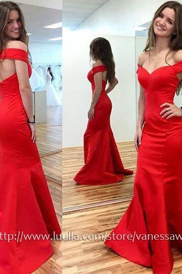 Long Prom Dresses,Trumpet/Mermaid Off-the-shoulder Formal Dresses,Red Sweep Train Satin Pageant Dresses with Ruffle,#020104425