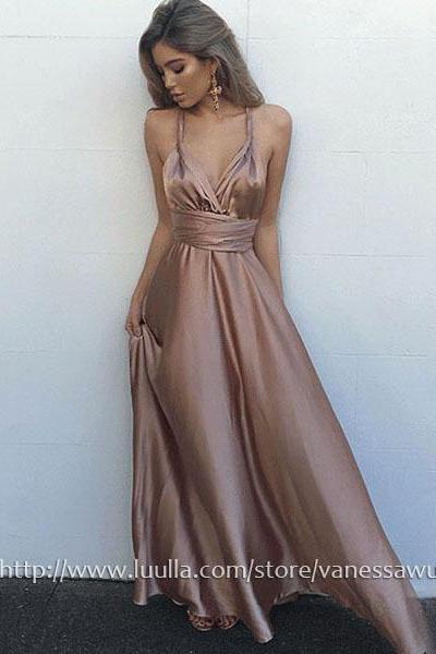 Long Prom Dresses,A-line V-neck Formal Evening Dresses,Ankle-length Silk-like Satin Pageant Dresses with Ruffle,#020104433