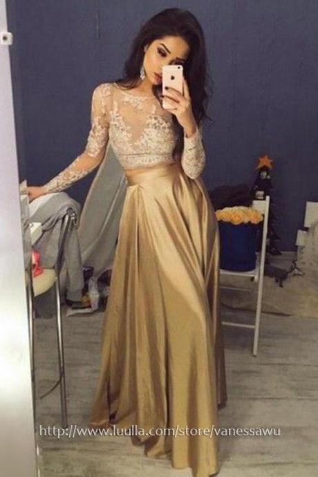 Long Sleeve Prom Dresses,Two Piece A-line Long Formal Evening Dresses,Gold Scoop Neck Satin Pageant Dresses with Lace,#020104577
