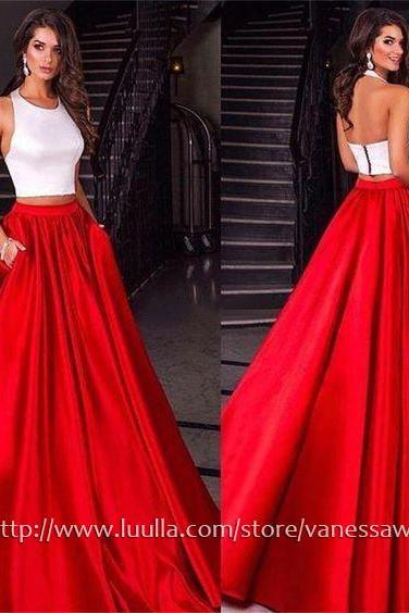 Two Piece Prom Dresses,Ball Gown Halter Long Prom Dresses,Custom Made Satin Formal Evening Dresses for Women,#020104589
