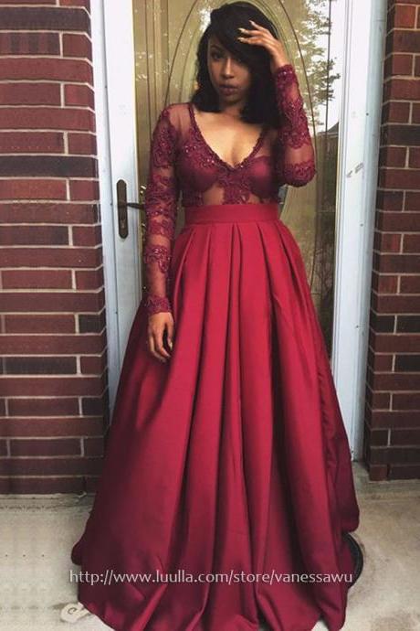 Long Sleeve Prom Dresses,Ball Gown V-neck Long Formal Evening Dresses,Satin Tulle Pageant Dresses with Appliques Lace,#020104601