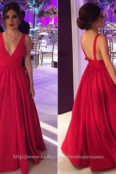 Long Prom Dresses,Red Ball Gown V-neck Formal Dresses,Modest Satin Evening Dresses with Ruffle,#020104603