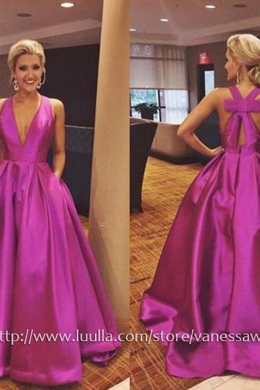 Long Prom Dresses,New Style A-line V-neck Formal Dresses,Modest Satin Pageant Dresses with Bow,#020106112