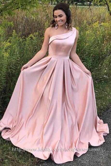 Long Prom Dresses,A-line One Shoulder Formal Dresses,Sweep Train Satin Evening Dresses with Sashes,#020104815