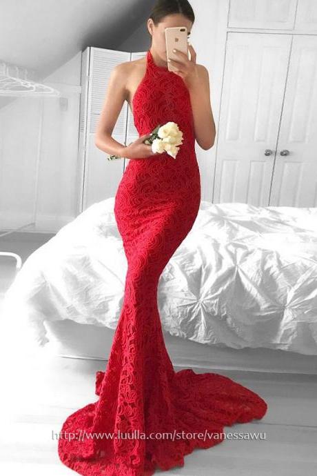 Long Prom Dresses,Red Trumpet/Mermaid Lace Formal Dresses,New Style Sweep Train Halter Evening Dresses,#020104818