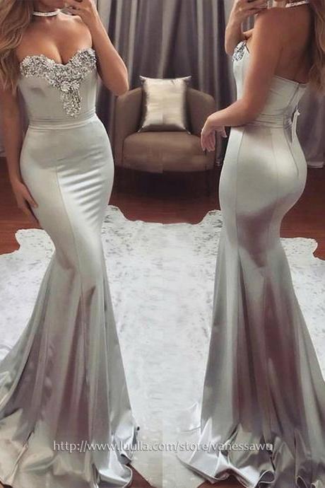 Long Prom Dresses,Trumpet/Mermaid Sweetheart Formal Dresses,Sweep Train Silk-like Satin Evening Dresses with Beading Sashes,#020104831
