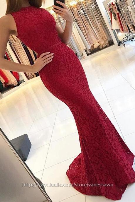Red Prom Dresses,Sheath/Column High Neck Long Formal Evening Dresses,Sweep Train Lace Pageant Dresses with Sashes,#020104921