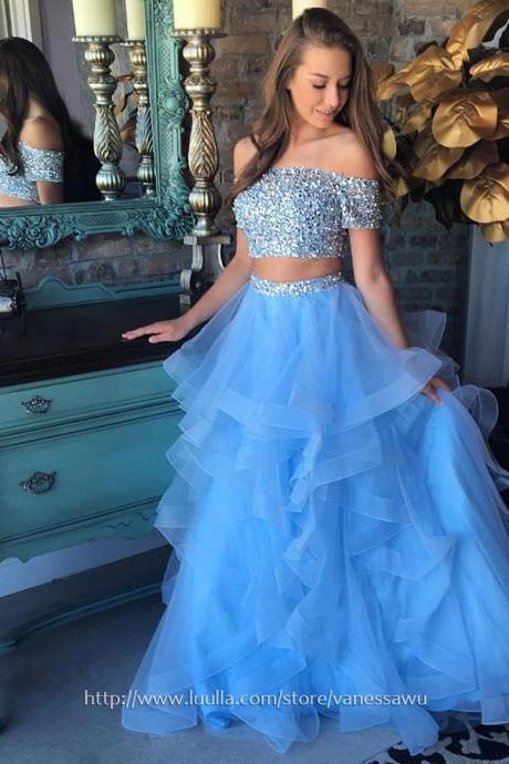 Two Piece Prom Dresses,A-line Off-the-shoulder Long Prom Dresses,Organza Formal Evening Dresses with Beading,#020104975