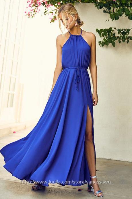 Long Prom Dresses,A-line Scoop Neck Formal Dresses,Ankle-length Chiffon Pageant Dresses with Split Front,#020105154