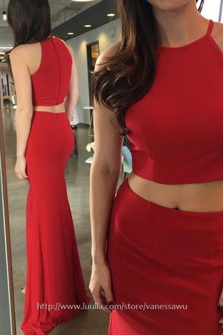 Two Piece Prom Dresses,Red Sheath/Column Long Formal Dresses,Scoop Neck Jersey Evening Dresses,#020105174