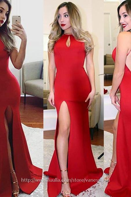 Cheap Prom Dresses,Trumpet/Mermaid Scoop Neck Long Formal Dresses,Sweep Train Silk-like Satin Pageant Dresses with Split Front,#020105178