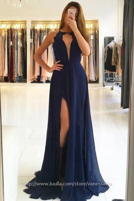 Cheap Prom Dresses,A-line Scoop Neck Long Formal Evening Dresses,Sweep Train Chiffon Pageant Dresses with Appliques Lace Split Front,#020105184