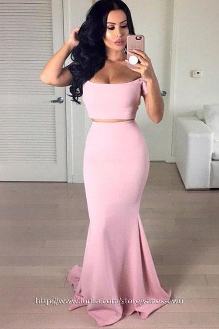 Two Piece Prom Dresses,Trumpet/Mermaid Off-the-shoulder Long Prom Dresses,Sweep Train Silk-like Satin Formal Evening Dresses,#020105203
