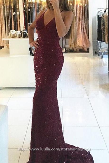 Long Prom Dresses,Trumpet/Mermaid V-neck Formal Dresses,Sweep Train Lace Evening Dresses with Sequins,#020105261