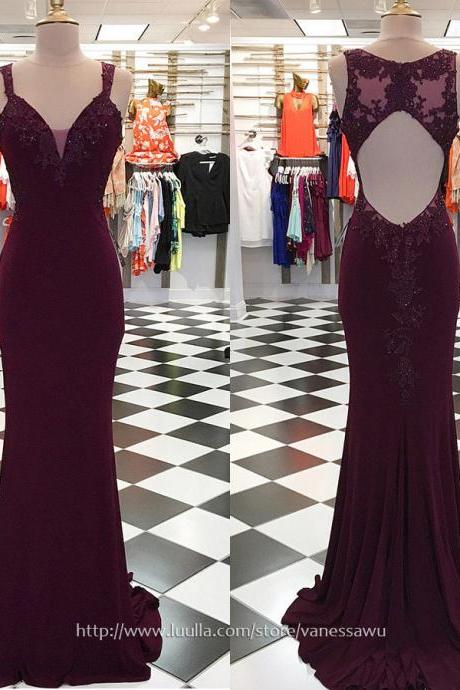 Long Prom Dresses,Trumpet/Mermaid V-neck Formal Evening Dresses,Sweep Train Jersey Pageant Dresses with Appliques Lace Sequins,#020105309