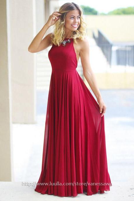 Long Prom Dresses,Red A-line Scoop Neck Formal Dresses,Simple Chiffon Evening Dresses with Ruffle,#020105315