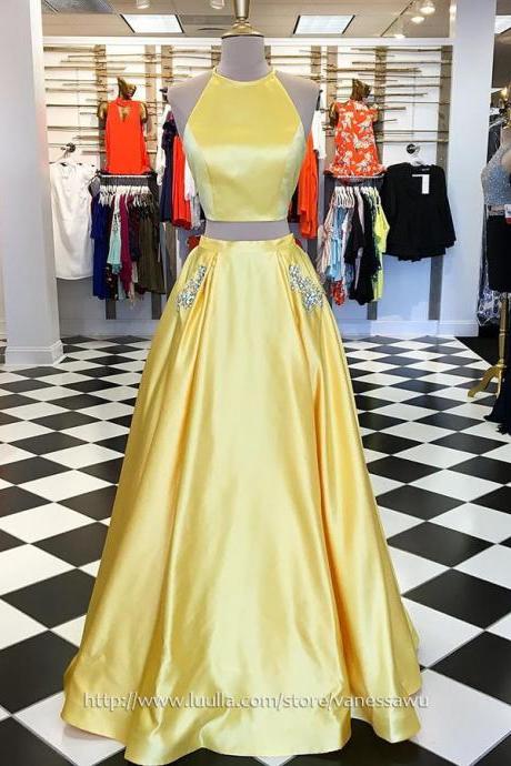 Unique Daffodil Two Piece Long Prom Dresses,Princess Scoop Neck Formal Dresses,Satin Evening Dresses with Beading,#020105278