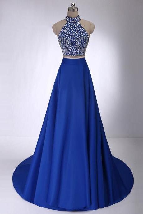 Crystal Beaded High Neck Prom Dresses, Royal Blue Crop Top Prom Dress with Allover Beaded Bodice, Two Piece Satin Prom Dress, #020102228
