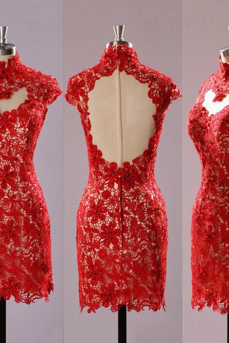 Red High Neck Lace Prom Dresses, Open Back Prom Dress with Cutout, Floral Lace Cap Sleeve Short Prom Dress, #020102224