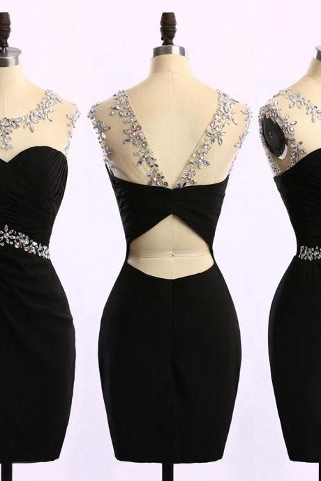 Black Short Bodycon Evening Dress Featuring Ruched Sweetheart Illusion Bodice with Crystal Embellishments
