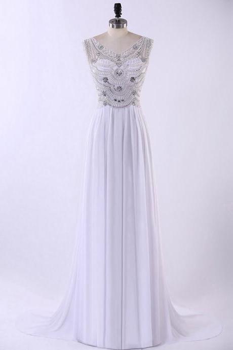 White Illusion Prom Dresses, Beaded Chiffon Prom Dresses, A-line Prom Gowns, V-neck Discount Prom Dress with Soft Pleats, #020102219