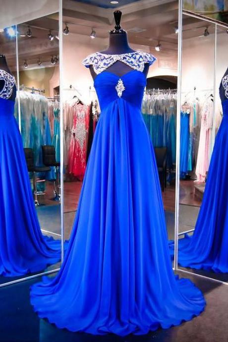 Royal Blue Prom Dress with Beaded Neckline, High Neck Chiffon Prom Gowns, Wholesale Open Back Prom Dress, #020102216