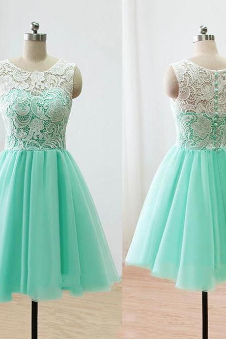 Sleeveless Green Prom Dress, Illusion Lace Prom Dresses with Buttons, Elegant Mint Short Homecoming Dress, #020102213