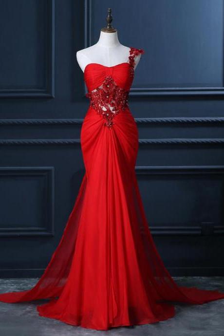 One Shoulder Prom Dress with Beaded Flowers, Unique Red Prom Gowns, Mermaid Chiffon Prom Dress with Cut-out, #020102212