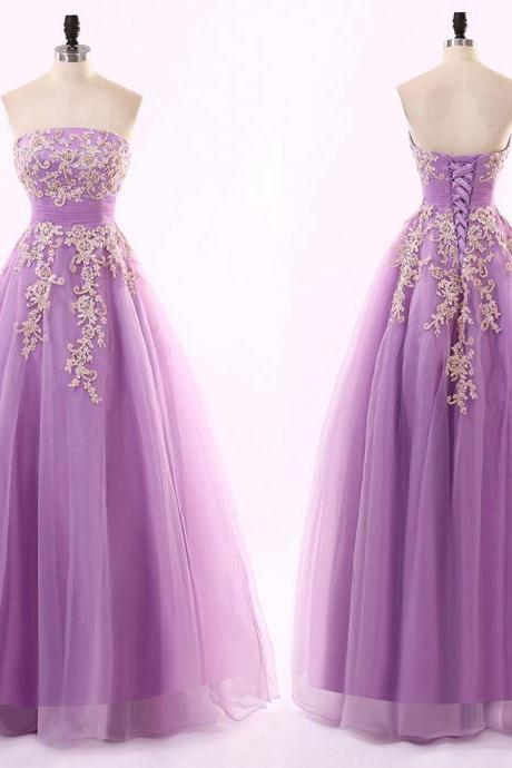 Lavender Long Tulle A-Line Prom Dress Featuring Lace Appliqués and Straight Across Bodice with Lace-Up Back 