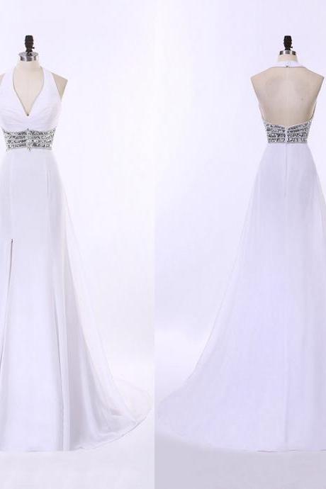 White Open Back Prom Dress with Beaded Belt, Sexy Halter Prom Dress with a Side Slit, Long Chiffon Prom Dress, #020102208