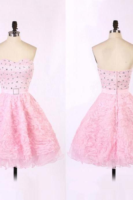 Pink Prom Dress with a Sash, Sweetheart Homecoming Dresses with Allover Beaded Bodice, Short Sleeveless Prom Dresses, #020102195