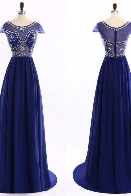 Cap Sleeve Beaded Prom Dress, Navy Blue Chiffon Prom Dresses with Sparkle Beads, See-through Illusion Prom Dresses, #020102194