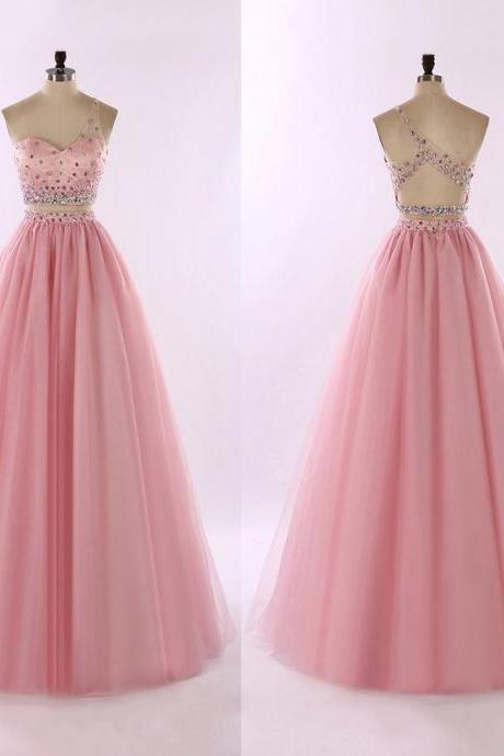 Pink Two-Piece One-Shoulder Tulle Prom Gown with Colorful Beaded Embellishment