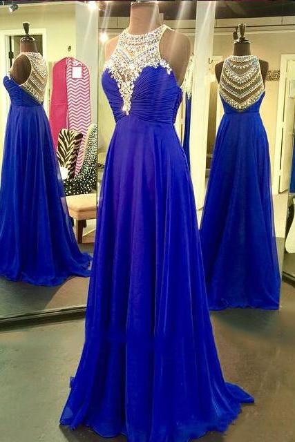 Royal Blue Prom Dresses with Sparkle Beads, Pretty Illusion Prom Dresses, High neck Chiffon Beaded Prom Dresses, #020102185