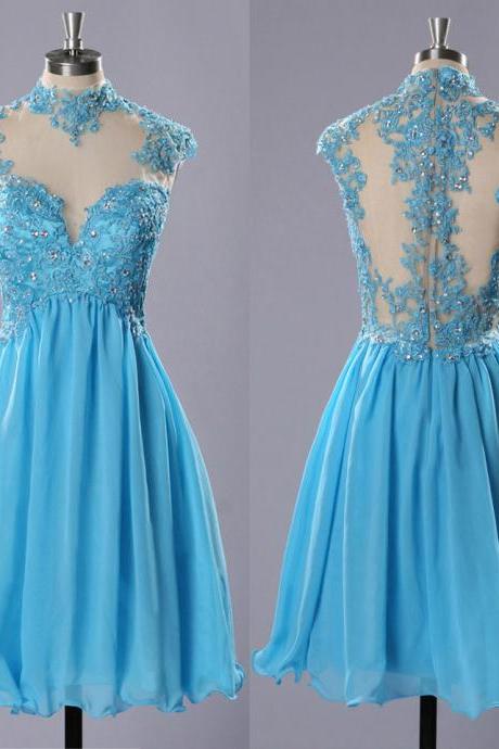 High Neck Prom Dresses with Lace Appliques, Light Blue Chiffon Prom Dresses, Short Tulle Homecoming Dresses, #020102183