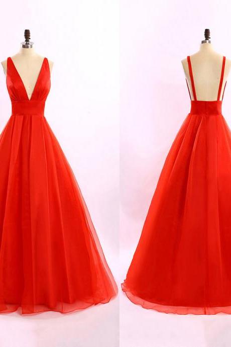 Hot Red Long Prom Dresses, Sexy Plunge V-neck Ball Gowns, Backless Princess Prom Dresses, Unique Ball Gowns, #020102184