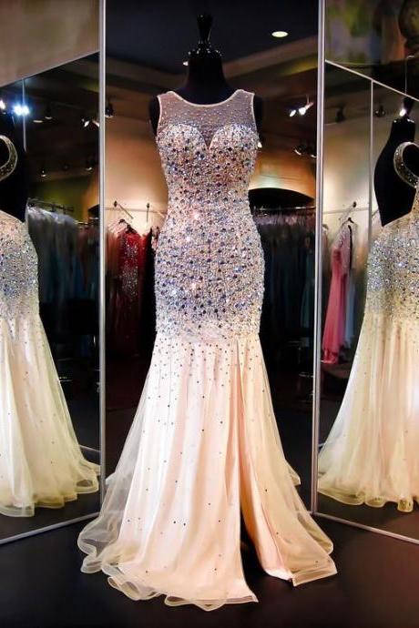 Illusion Prom Dresses with Crystal Beads, Unique Mermaid Backless Prom Dresses, Tulle Prom Gown with Glittering Gemstones, #020102181