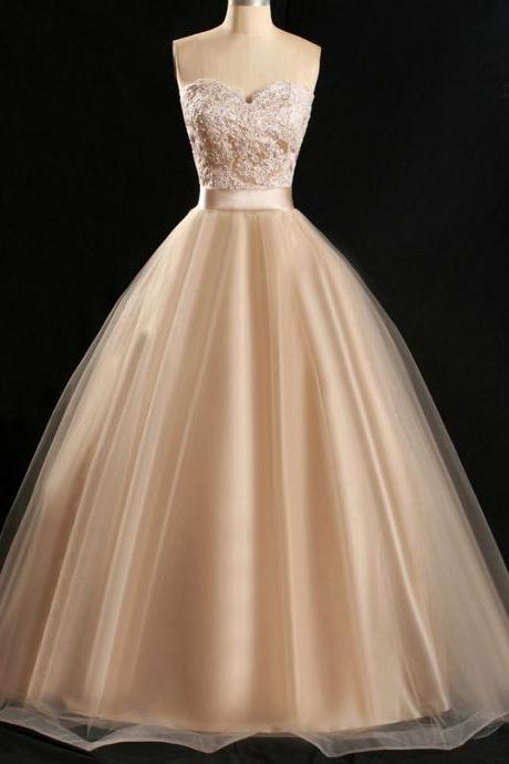 Champagne Tulle Ball Gown with Belt, Sweetheart Prom Dresses with Lace Appliques, Inexpensive Floor-length Prom Dresses, #020102180