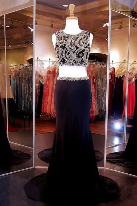 Black Crop Top Prom Dresses, Beaded Illusion Chiffon Prom Dress, Column Two Piece Prom Dress with Beaded Belt, #020102157