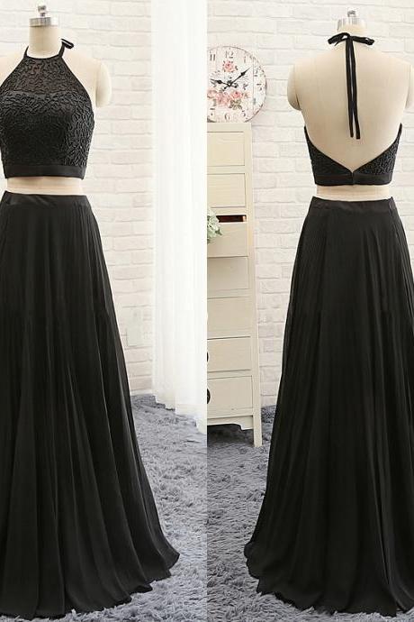 Halter Black Two Piece A-line Floor-length Dress Featuring Beaded Embellishment Bodice and Bare Back
