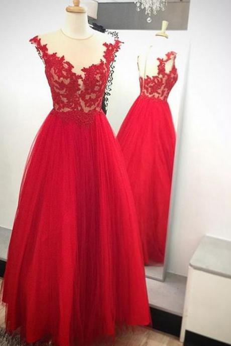 Cap Sleeve Princess Prom Dresses with Lace Appliques, Red Illusion Prom Dresses, Fashionable V-neck Tulle Prom Dresses, #020102131