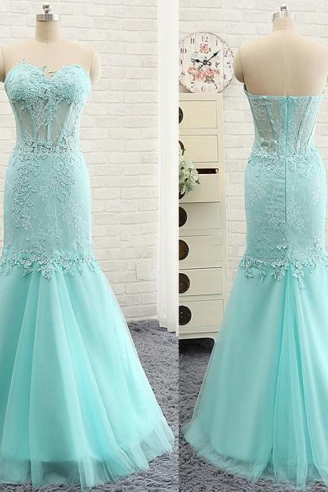 Fashion Sweetheart Prom Dresses with Lace Appliques, Mermaid Tulle Prom Dresses, Mint Green Gowns for Prom, #020102129